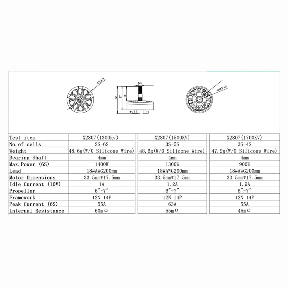 DYS-X2807-2807-1300KV-2-6S-1500KV-3-5S-1700KV-3-4S-Brushless-Motor-5mm-Welle-fuumlr-DIY-7-Inch-Long--2011175-5